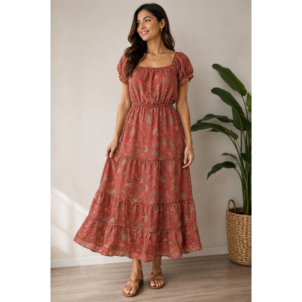 Indigo Rose Women’s 3X Paisley Midi Dress Terracotta Tiered NWT